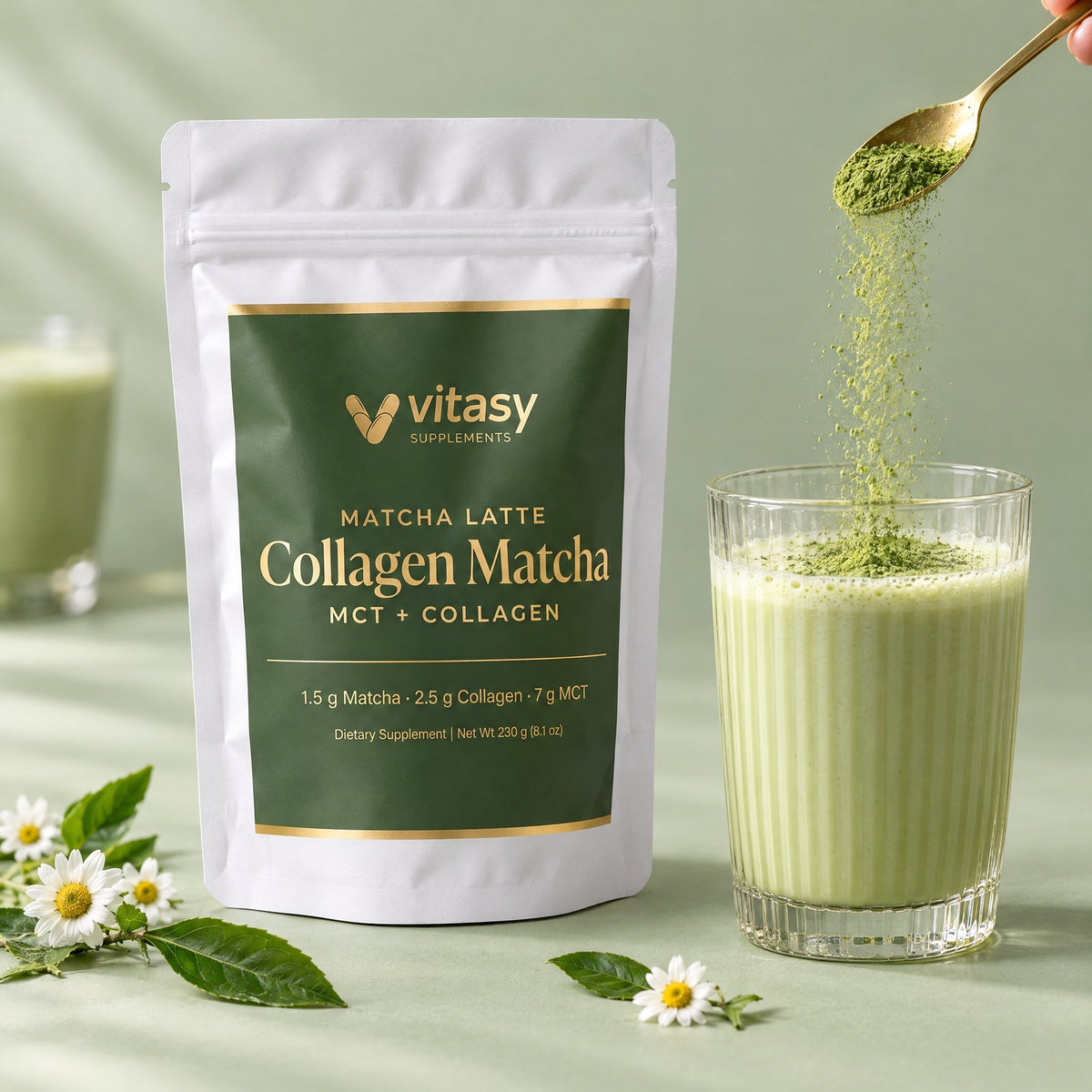 Vitasy Collagen Matcha pouch and a matcha latte