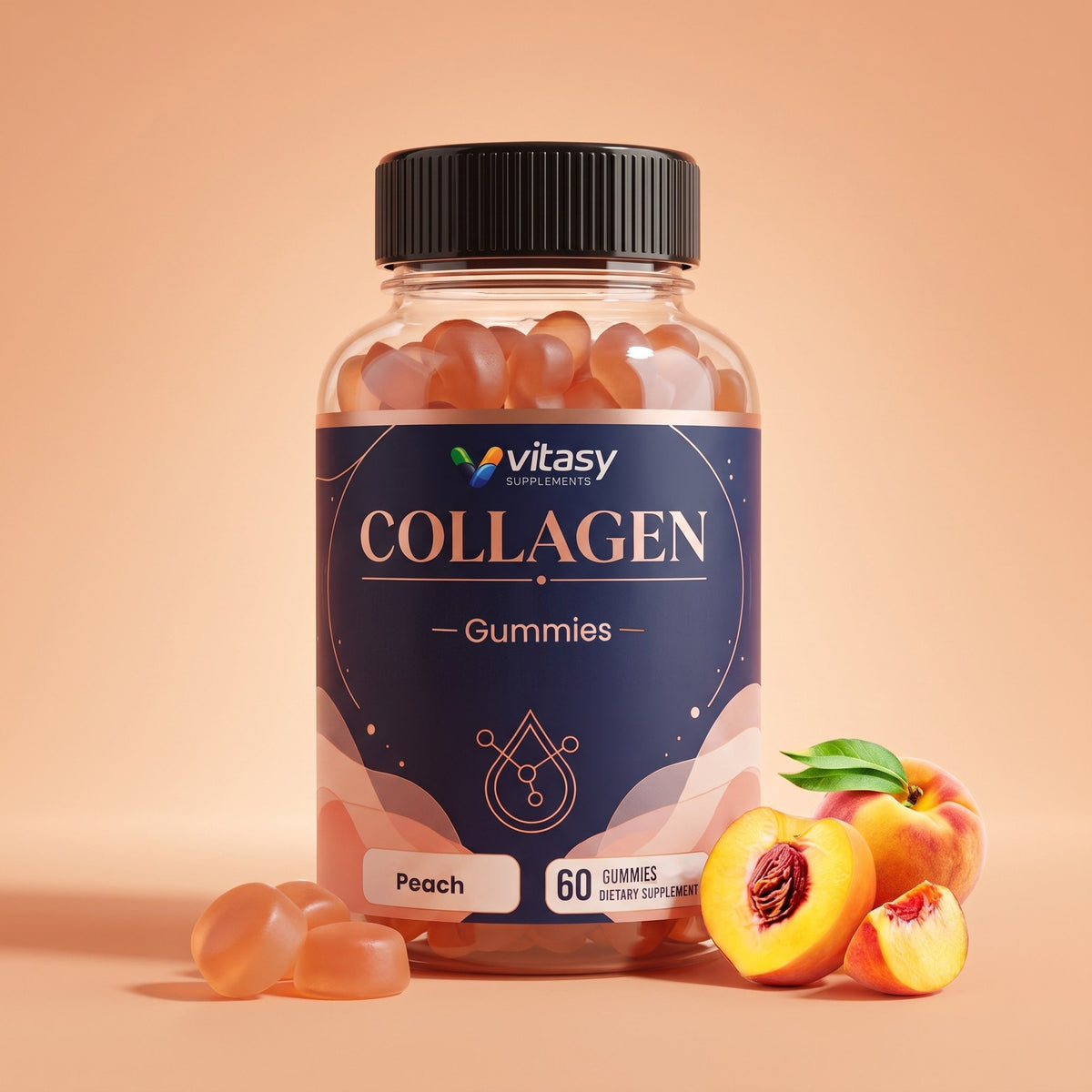 Vitasy Collagen Gummies bottle, peach flavor, 60 gummies