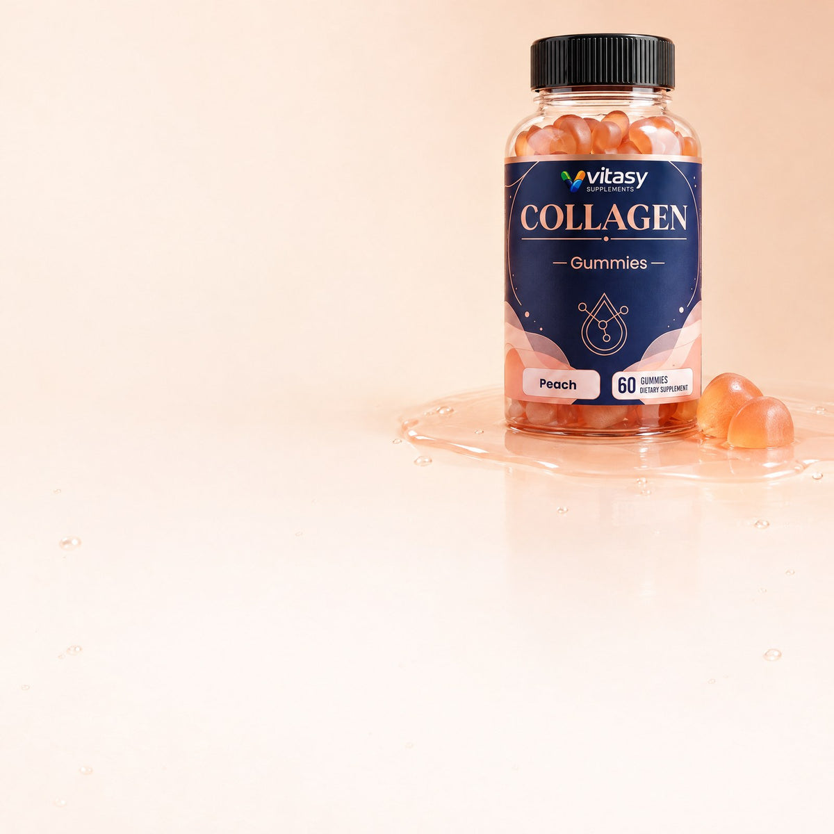 Vitasy Collagen Gummies bottle on peach gel