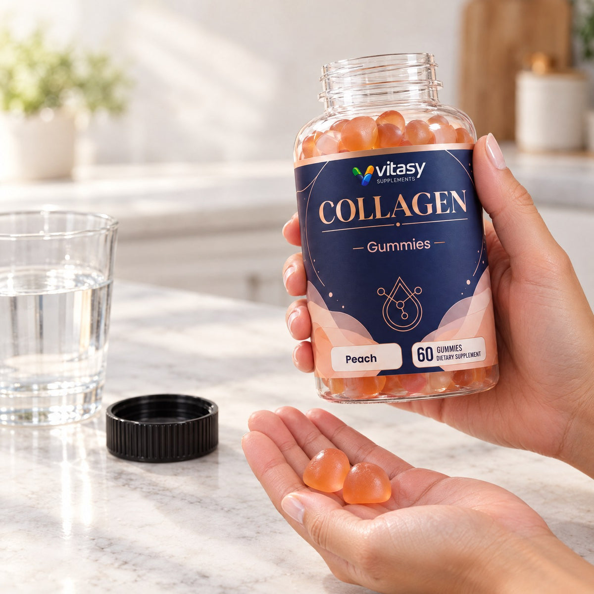 Hand holding Vitasy Collagen Gummies with two gummies