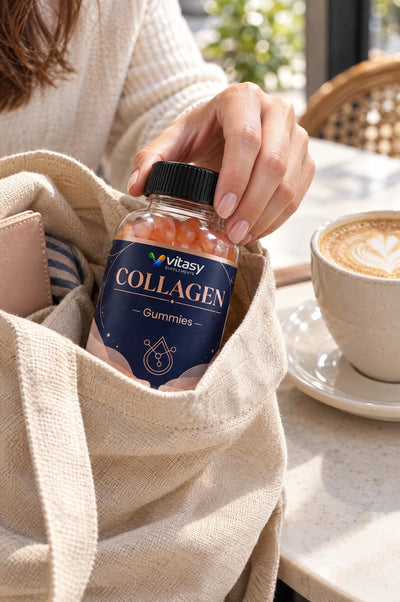 Vitasy Collagen Gummies in a tote bag