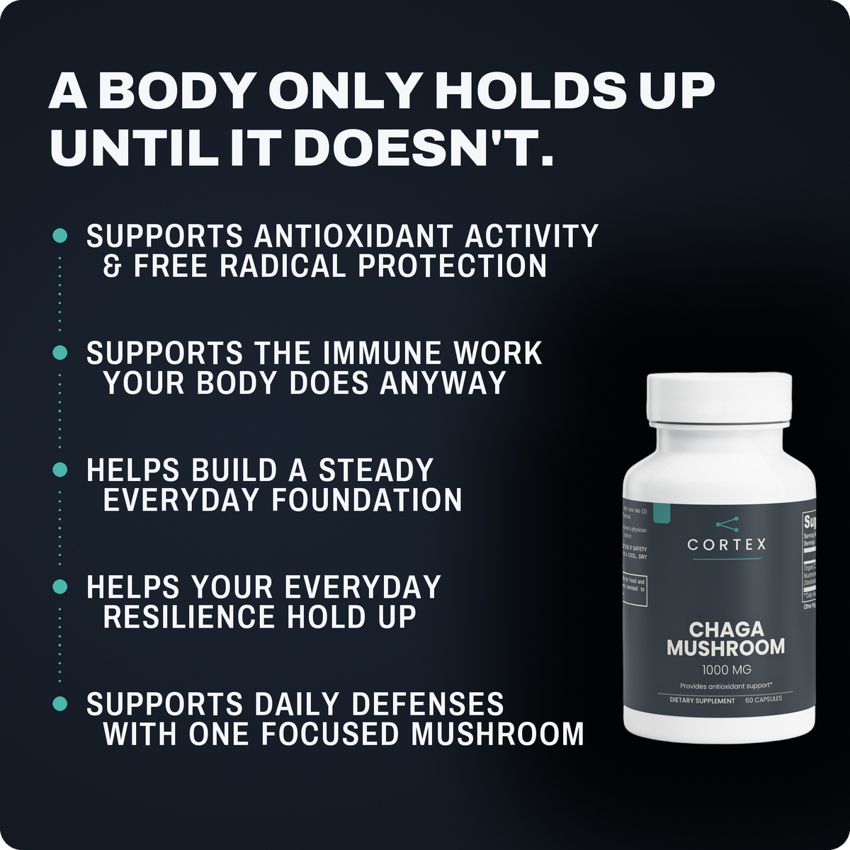 CORTEX Chaga Mushroom - five benefits: antioxidant activity and free radical protection, everyday immune support, a steady everyday foundation, everyday resilience, daily defenses with one focused mushroom