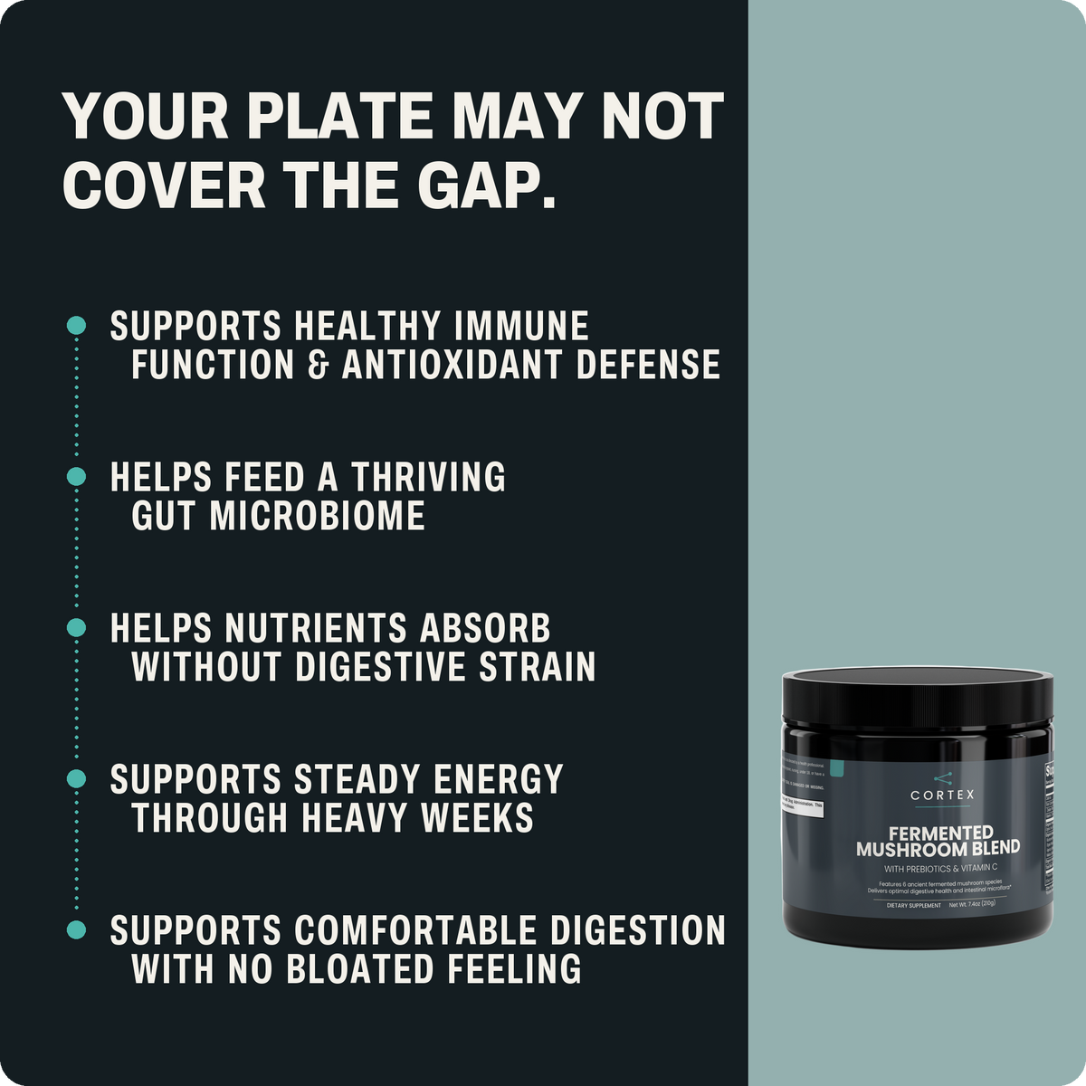 CORTEX Fermented Mushroom Blend benefits panel: supports healthy immune function and antioxidant defense, helps feed a thriving gut microbiome, helps nutrients absorb without digestive strain, supports steady energy through heavy weeks, supports comfortable digestion with no bloated feeling.
