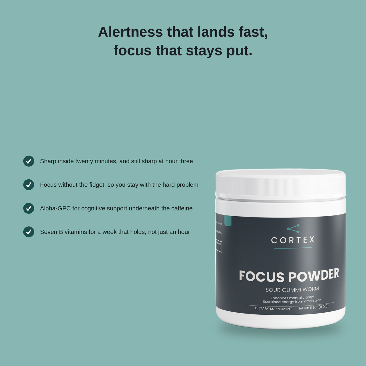 Four benefits of CORTEX Focus Powder Sour Gummi Worm, lifted verbatim from the product description - benefits panel v2