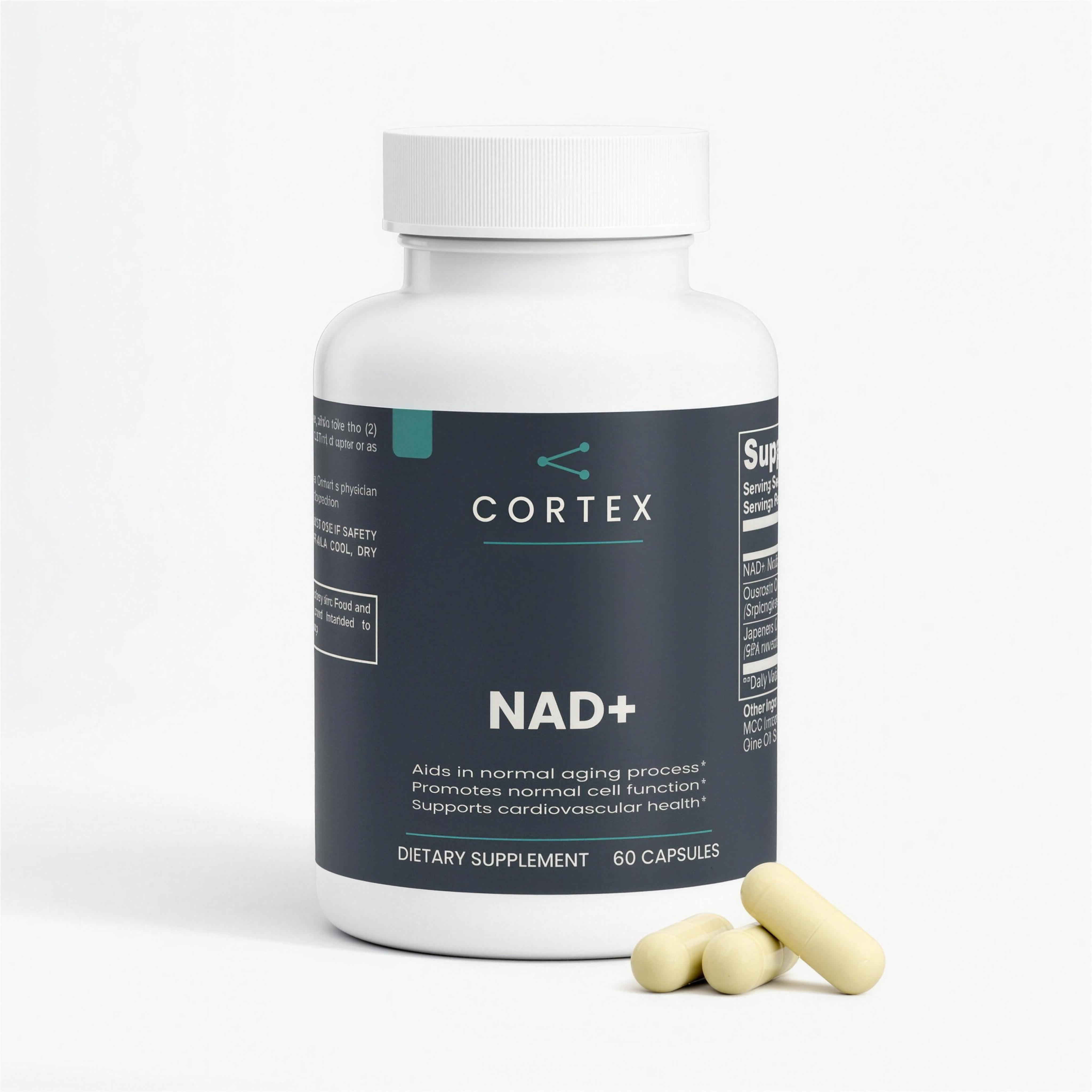 CORTEX NAD+ supplement bottle, 60 vegan capsules, 30 servings