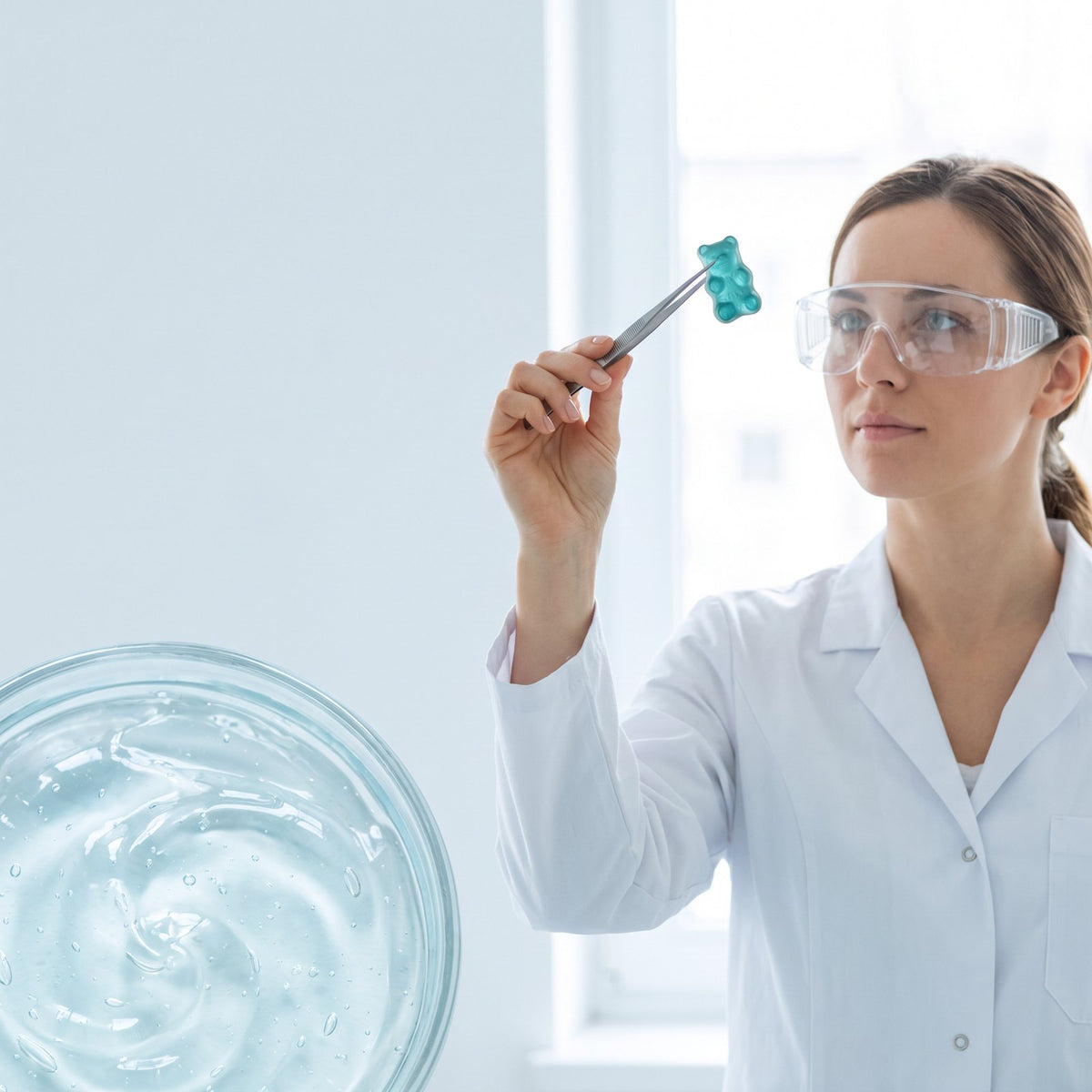Scientist inspecting a creatine gummy bear