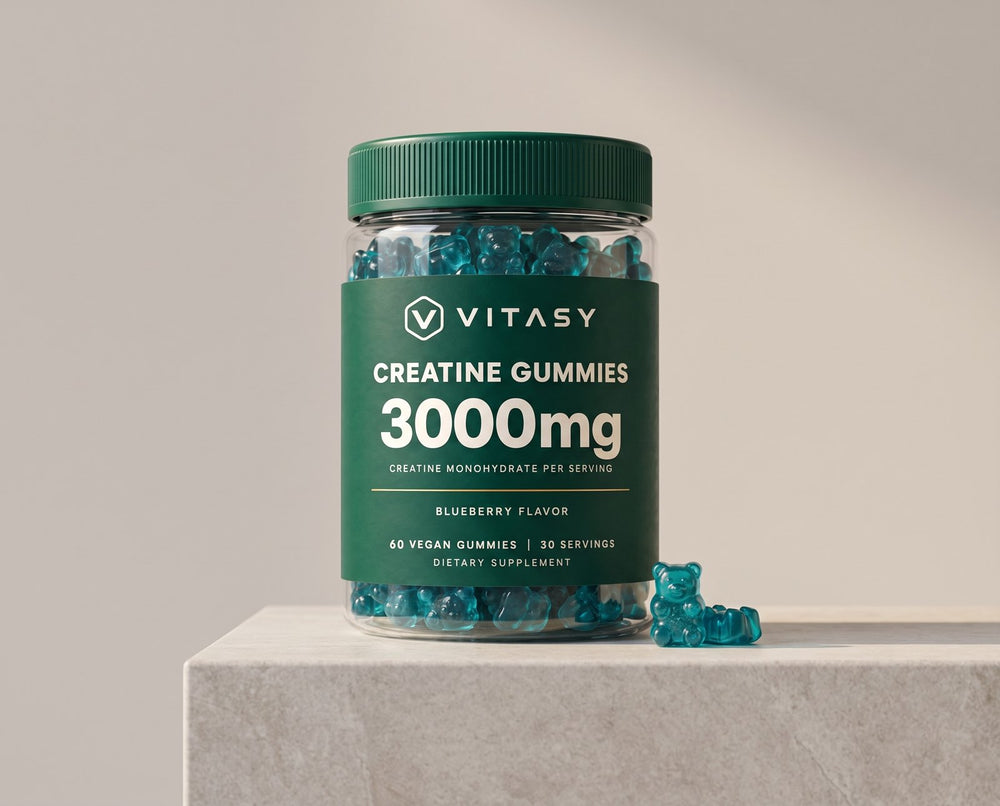 Jar of Vitasy Creatine Gummies on a stone plinth