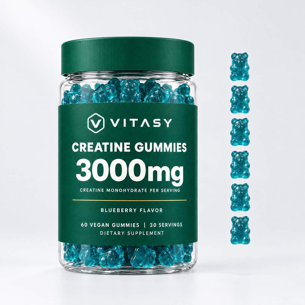Vitasy Creatine Gummies jar with blue gummies