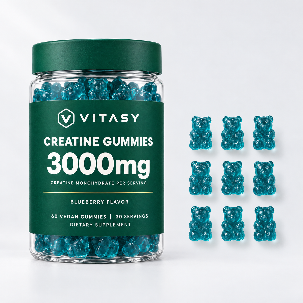 Vitasy Creatine Gummies jar and nine gummies