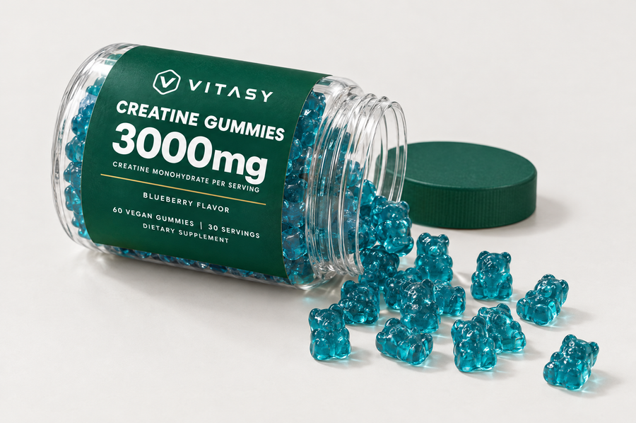 Open jar of Vitasy Creatine Gummies with gummies spilling out