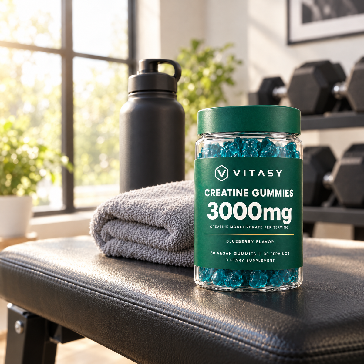 Vitasy Creatine Gummies jar on a weight bench