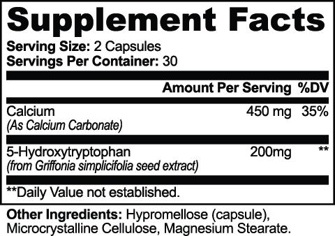 VERA 5-HTP supplement facts panel - ingredients in label order: calcium as calcium carbonate, 5-hydroxytryptophan from griffonia simplicifolia seed extract, gelatin capsule shell, magnesium stearate. Two capsules per serving, 30 servings.