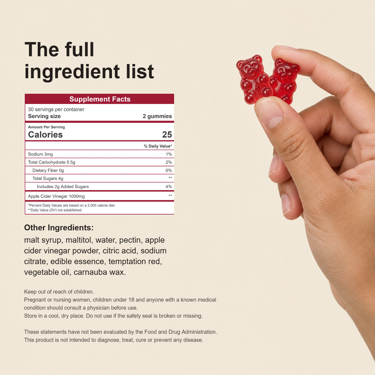 The full ingredient list - Supplement Facts panel, other ingredients and use warnings, with a hand holding two gummies