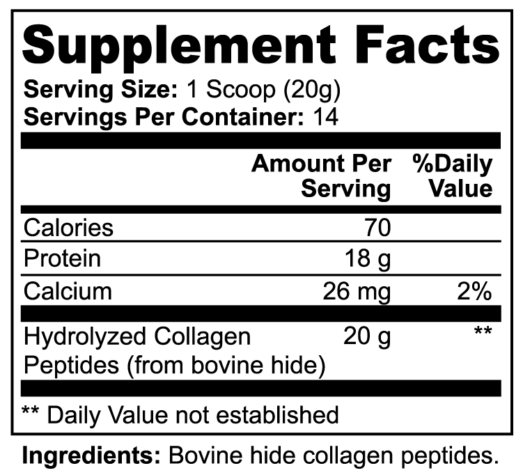 Supplement facts panel for Vera Grass-Fed Hydrolyzed Collagen Peptides, 280 g unflavored Type 1 and 3 bovine collagen powder
