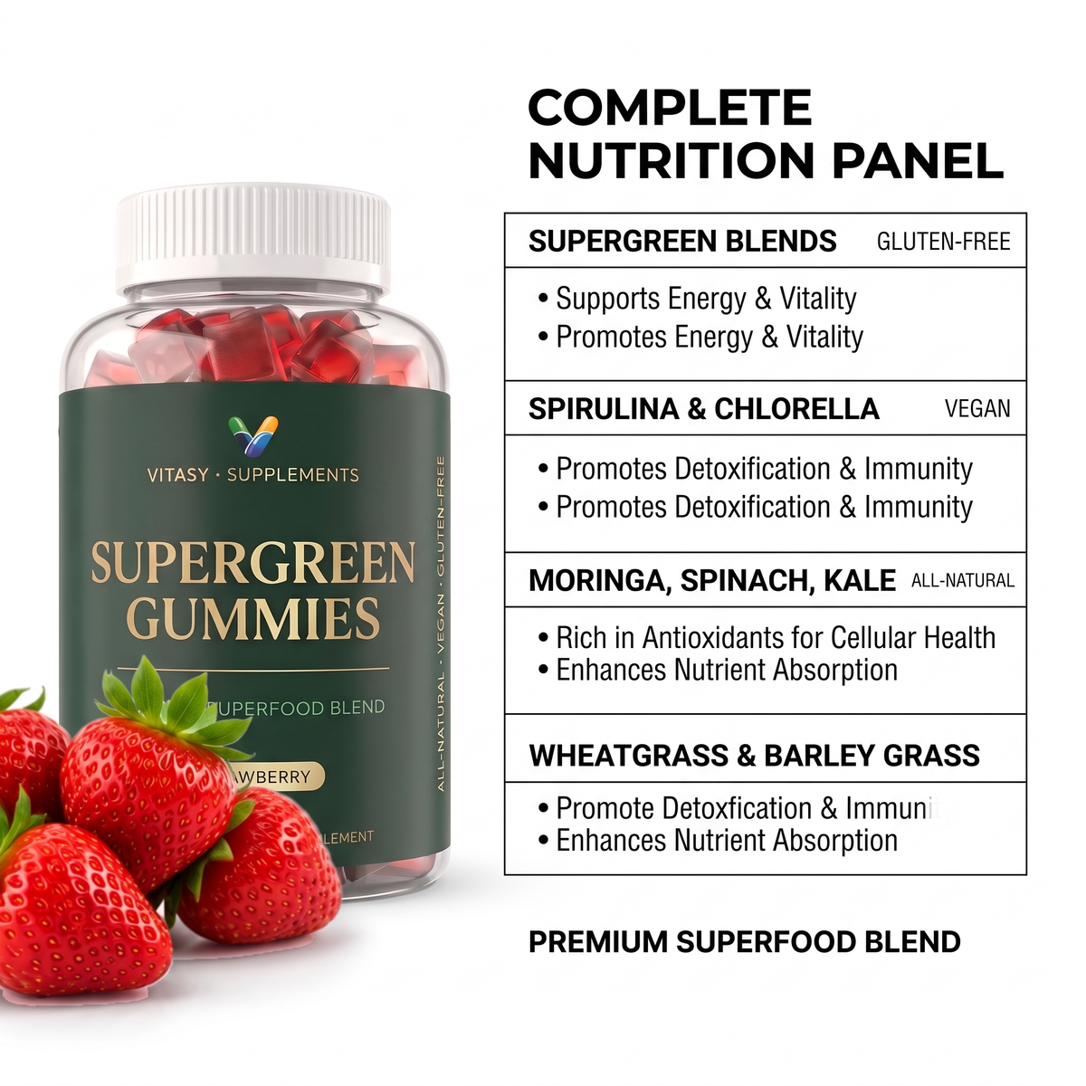 Supergreen Gummies v9 — Complete Nutrition Infographic