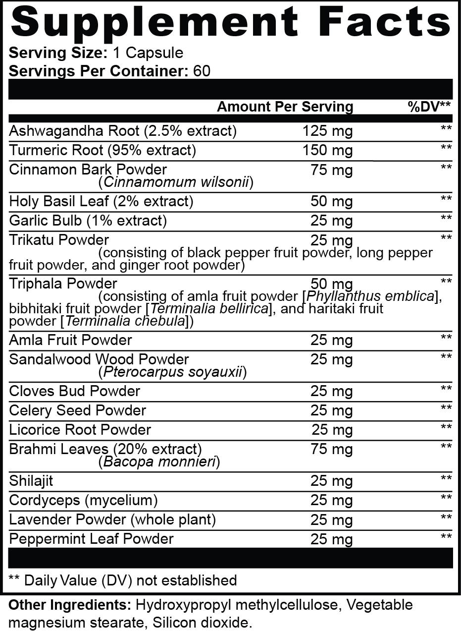 FERNWOOD Ayurvedic Complex supplement facts panel - seventeen traditional botanicals in label order, one vegan capsule daily with a meal, 60 servings