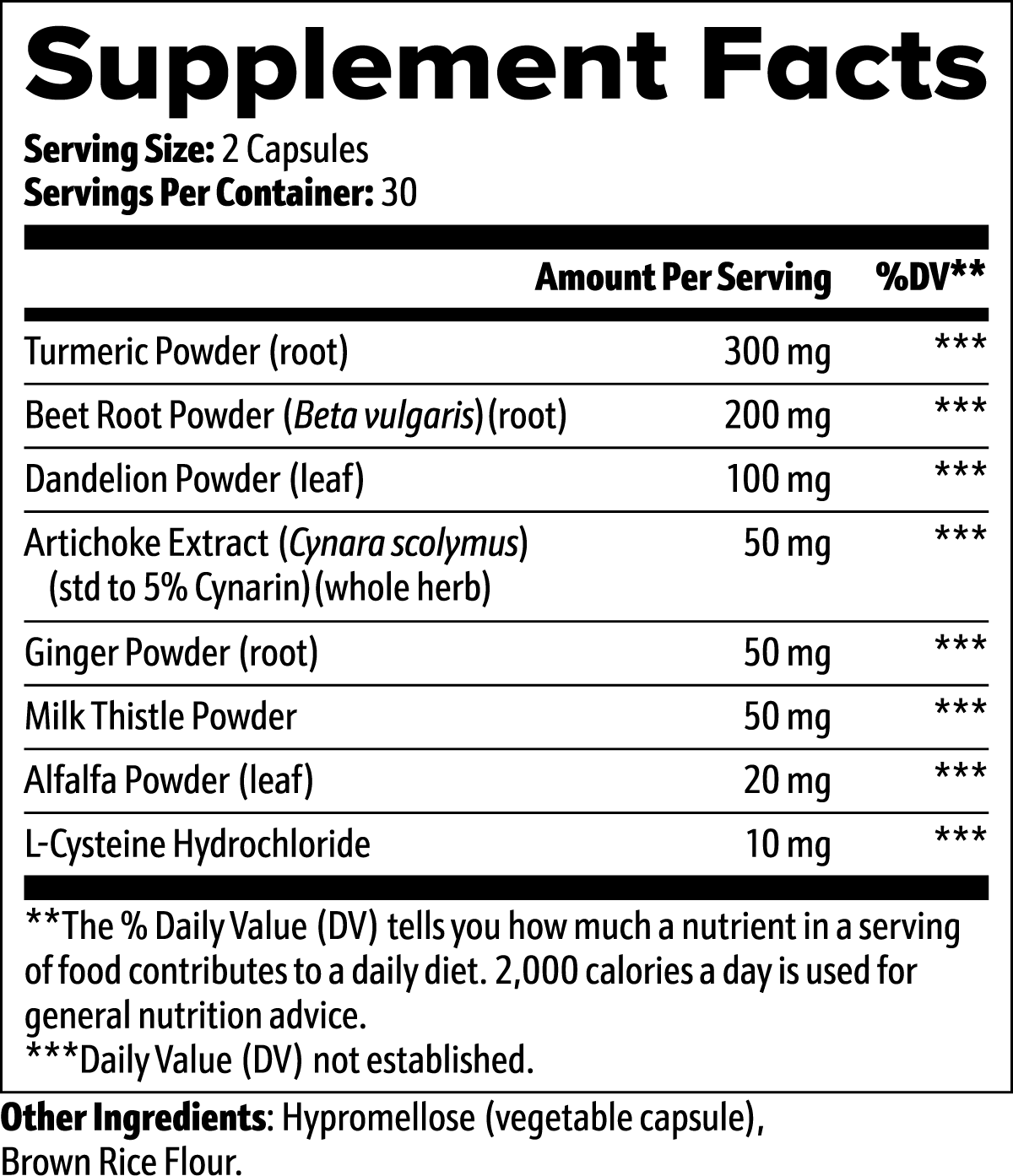 COMPASS Liver Support supplement facts panel, 8 actives per serving, 30 servings