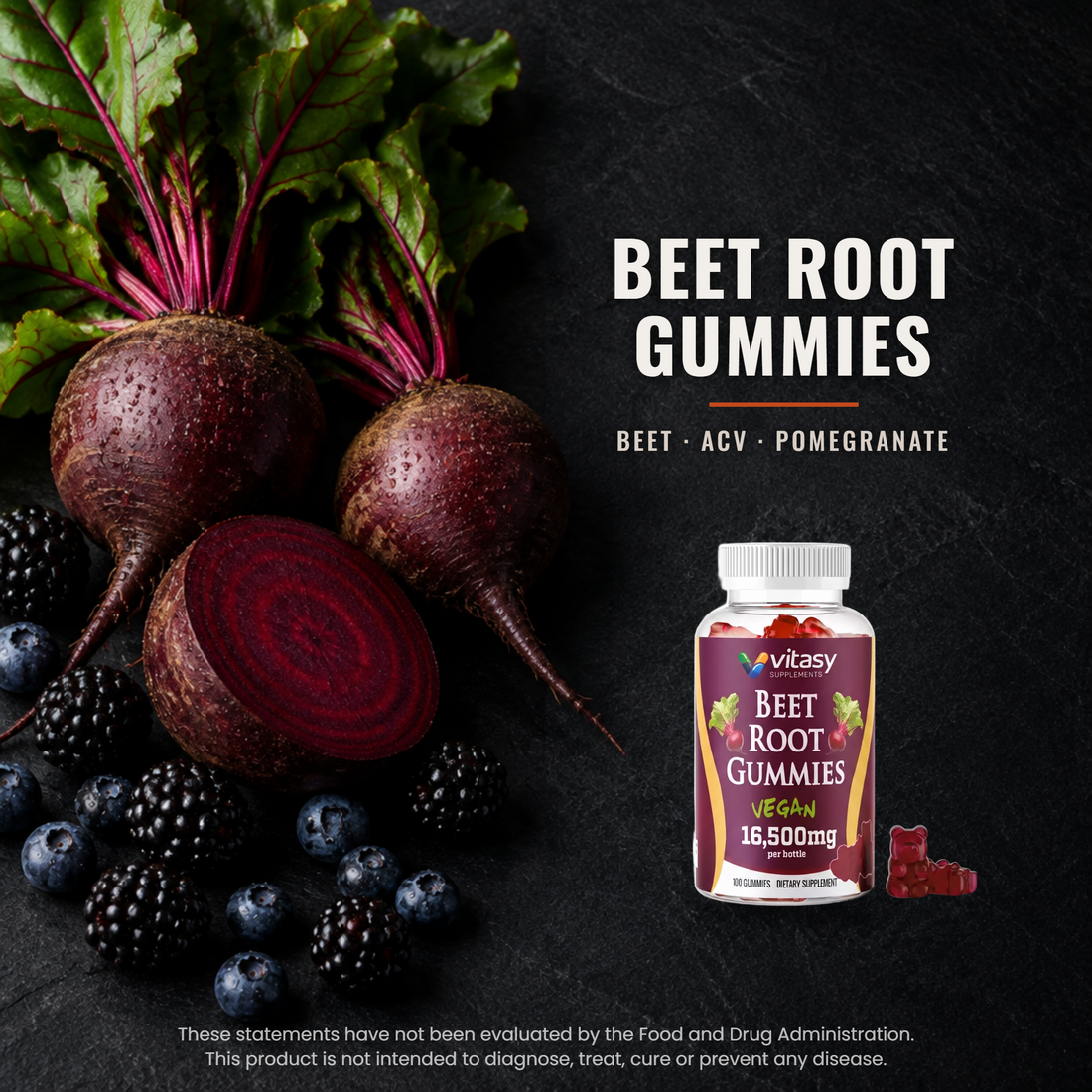 Beet Root Gummies bottle on dark slate beside fresh beetroots and berries