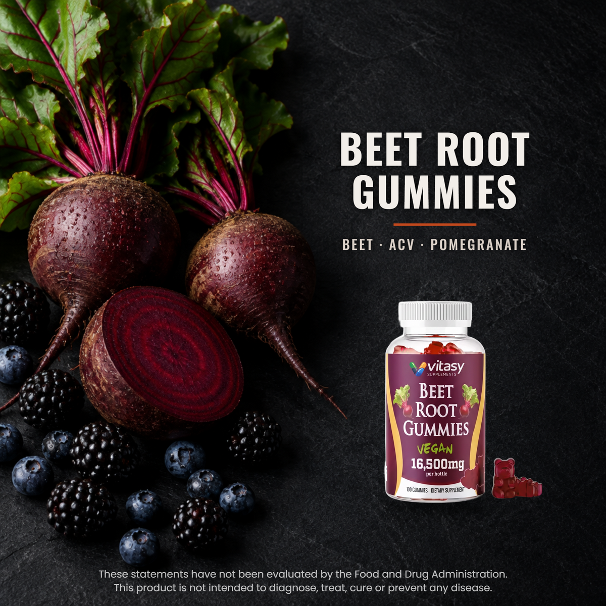 Beet Root Gummies bottle on dark slate beside fresh beetroots and berries