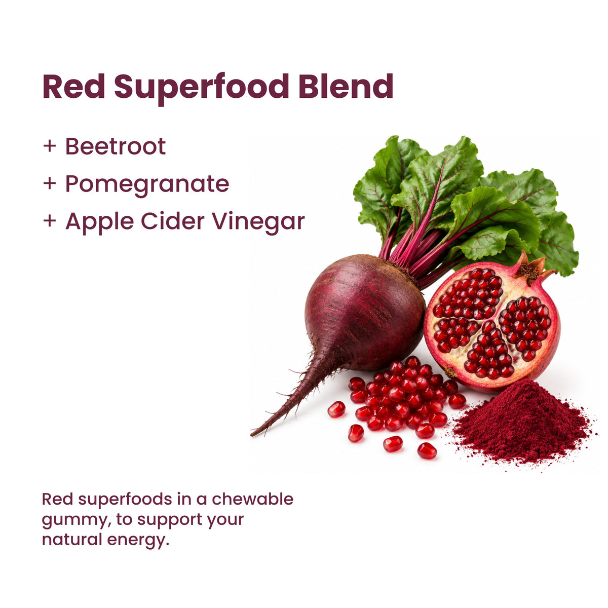Red superfood blend - beetroot, pomegranate and apple cider vinegar in a chewable gummy