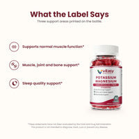 What the label says - normal muscle function, muscle joint and bone support, sleep quality support