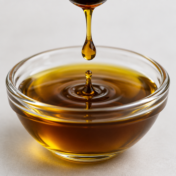 Golden oil dripping into a glass bowl