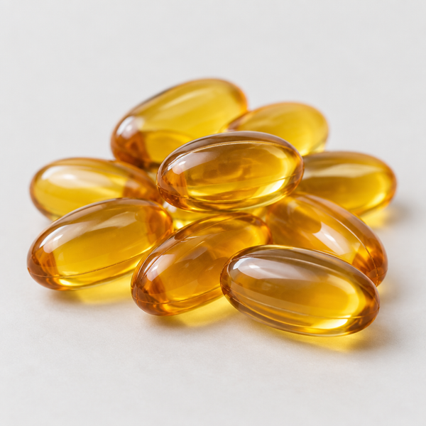 Amber softgels on a light surface
