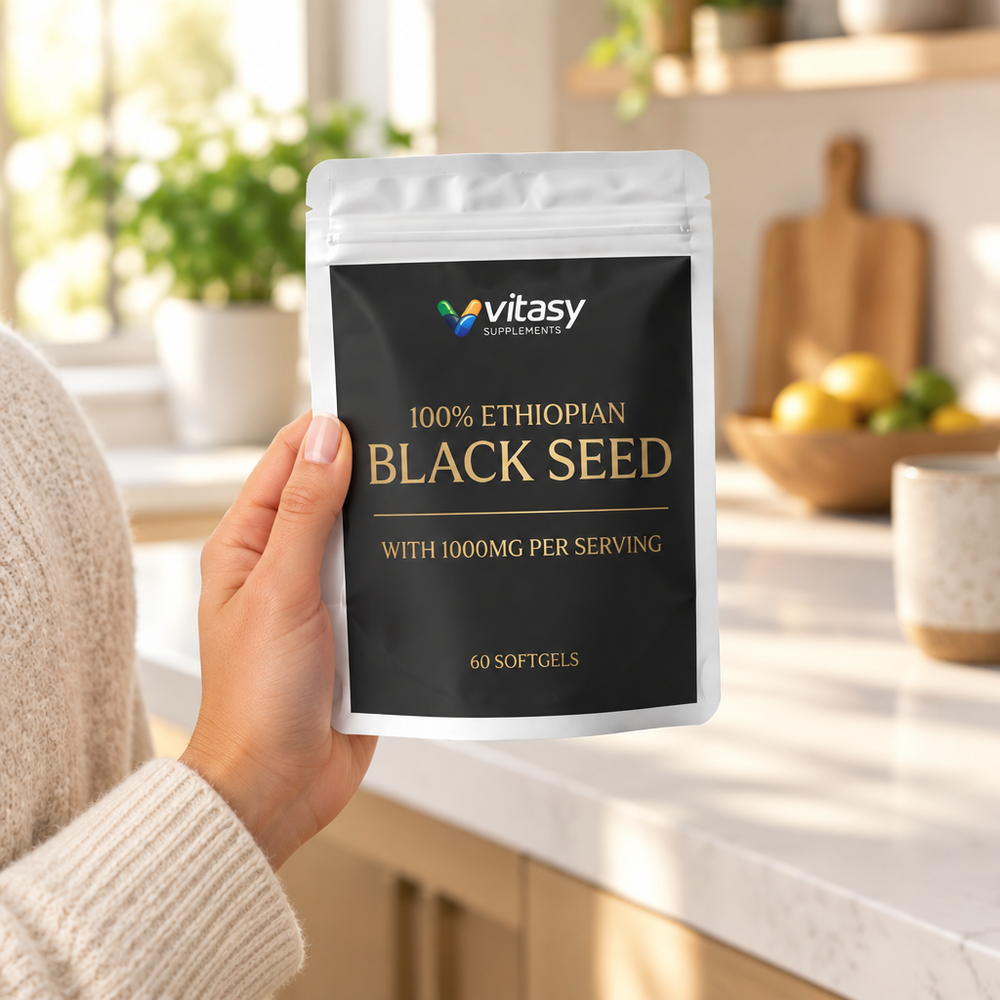 Hand holding a pouch of Vitasy Ethiopian Black Seed in a kitchen
