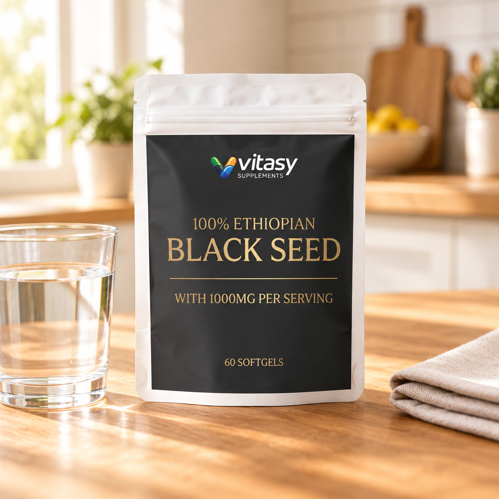 Vitasy Ethiopian Black Seed pouch on a kitchen counter