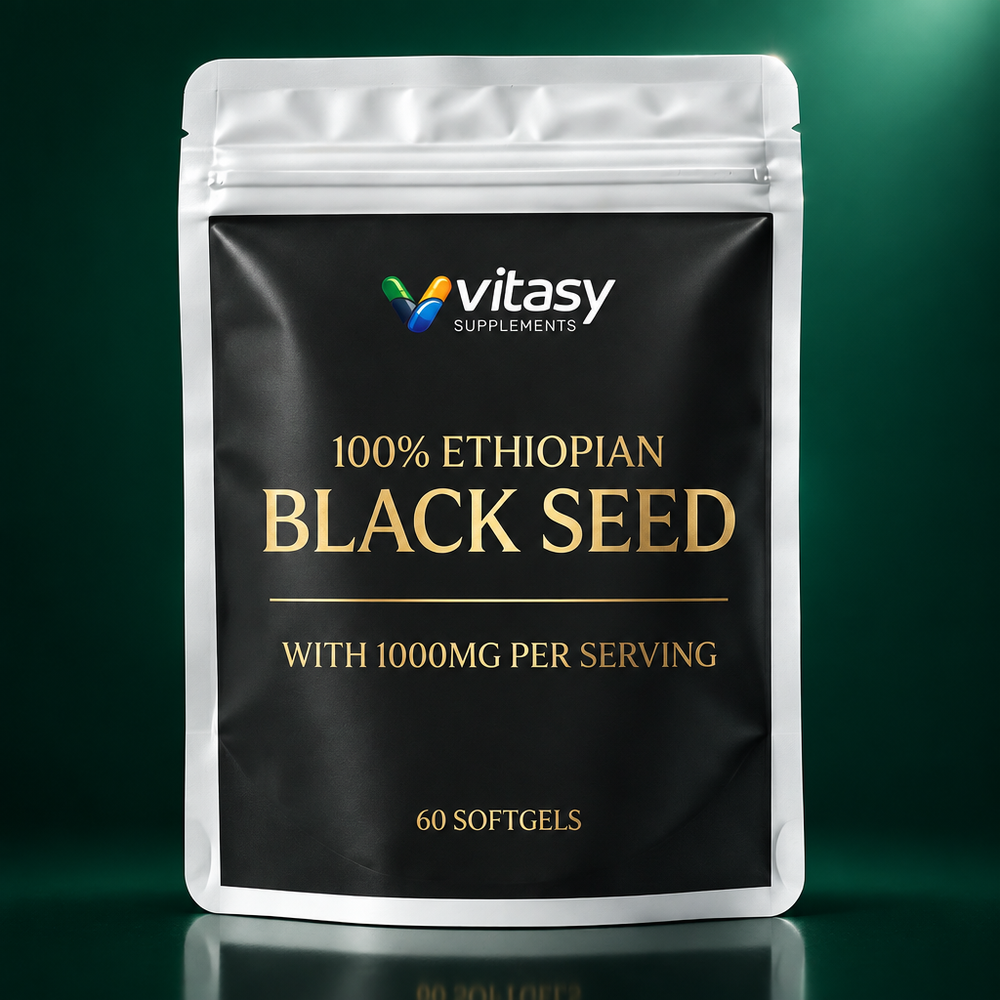 Vitasy Ethiopian Black Seed softgels pouch on a green background