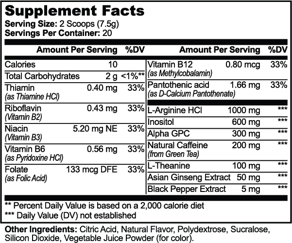 CORTEX Focus Powder supplement facts panel and ingredient list