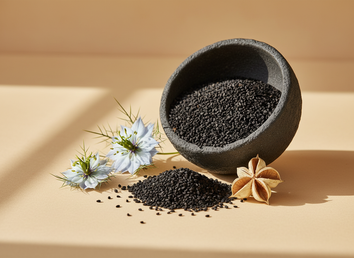 Nigella sativa seeds and flowers