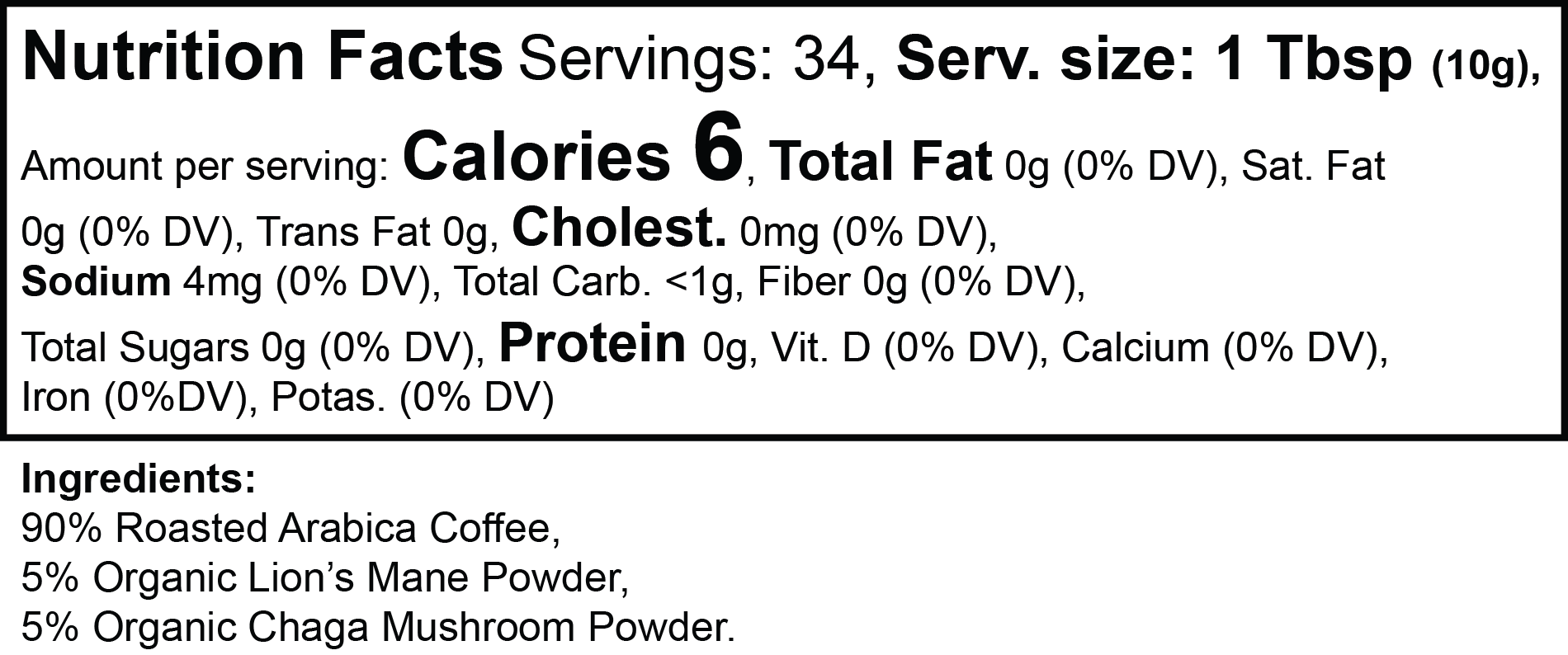 CORTEX Vitality Mushroom Coffee ingredient and nutrition panel: 90% roasted Arabica, 5% organic lion's mane, 5% organic chaga, 12 oz / 340 g, 34 servings