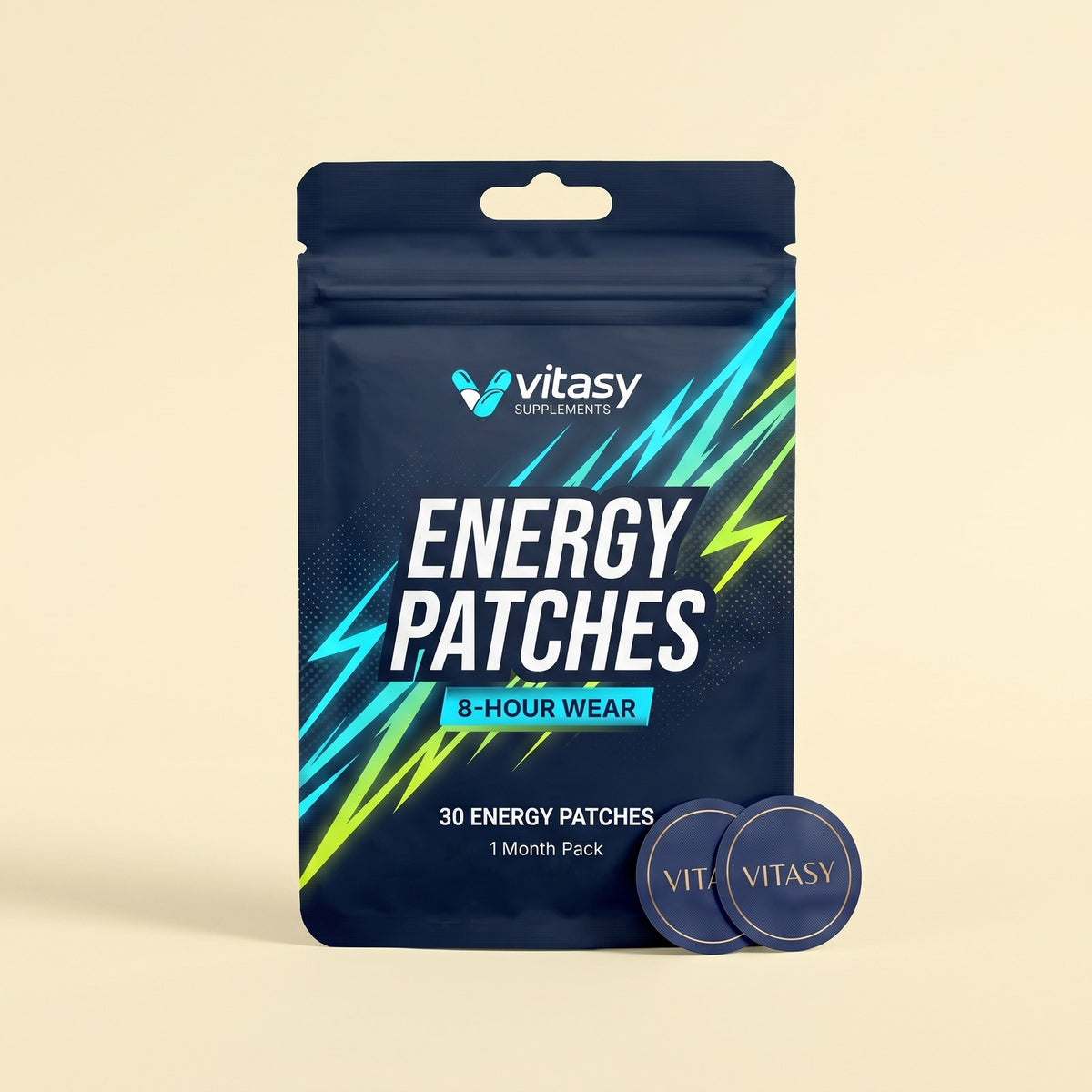 Vitasy Energy Patches pouch with round navy patches