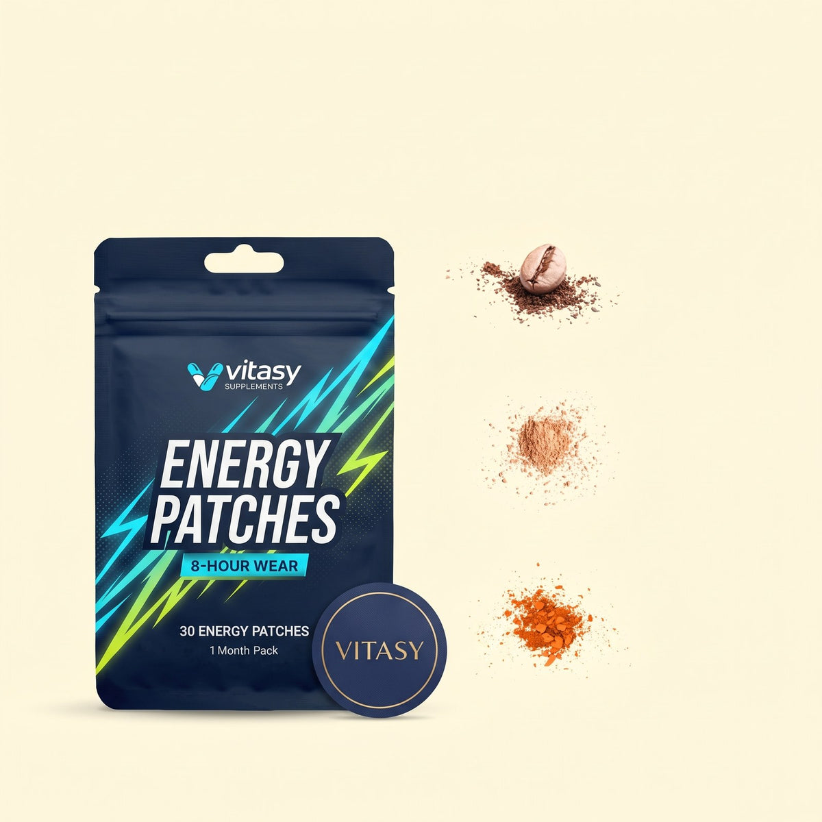 Vitasy Energy Patches pouch next to coffee bean, vitamin B3 and vitamin B5