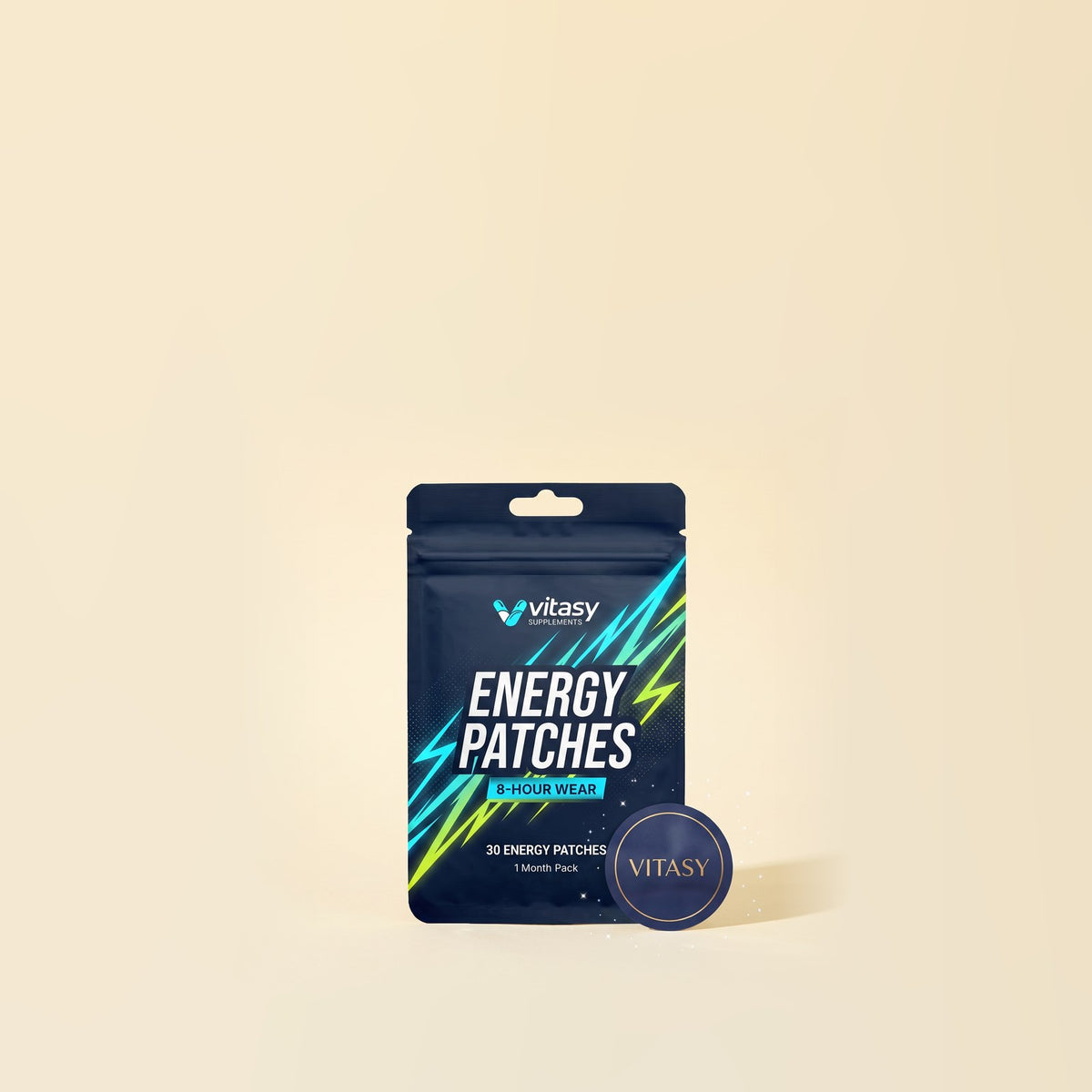 Vitasy Energy Patches pouch surrounded by feature icons