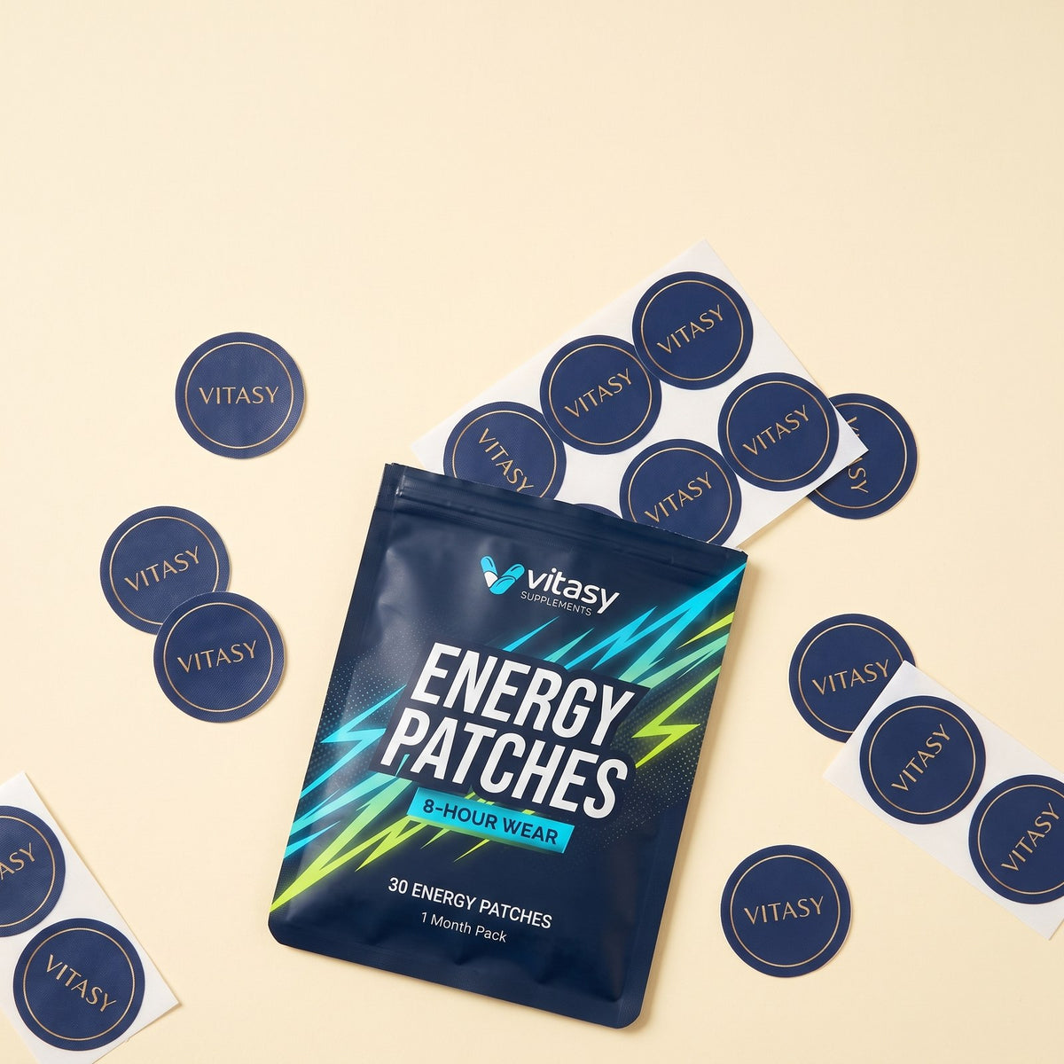 Vitasy Energy Patches pouch with patches spread out, 30 patches per pack