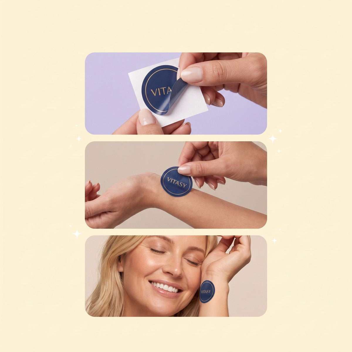 Three steps: peel the patch, stick it on the wrist, wear it through your day