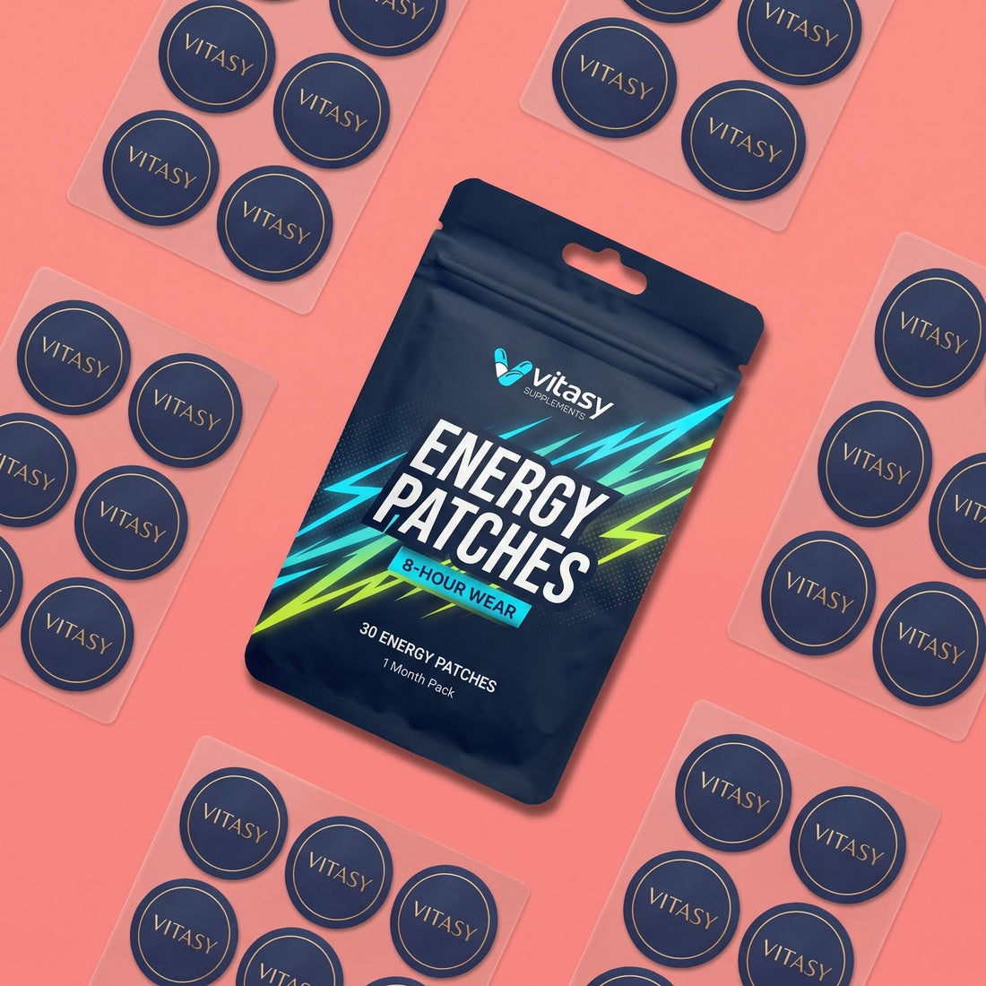 Energy Patches pouch with sheets of round navy patches