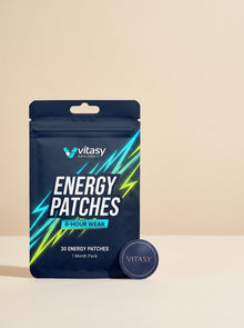 Vitasy Energy Patches pouch with a patch in hand