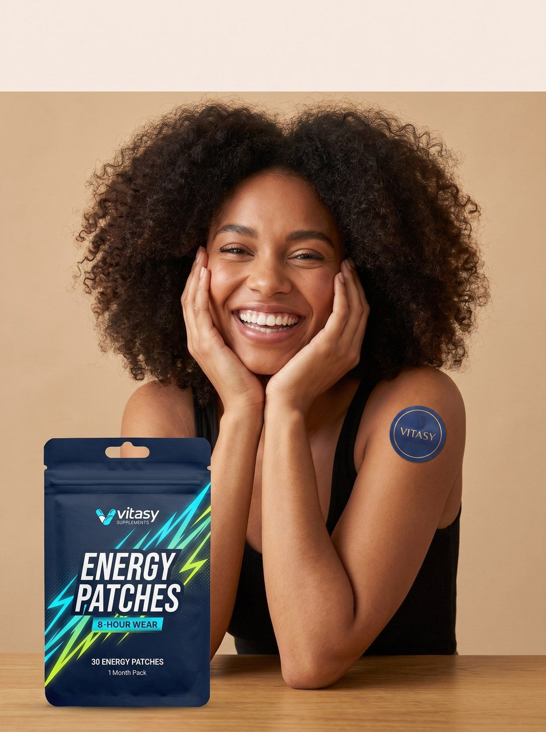 Smiling woman with Vitasy Energy Patches pouch