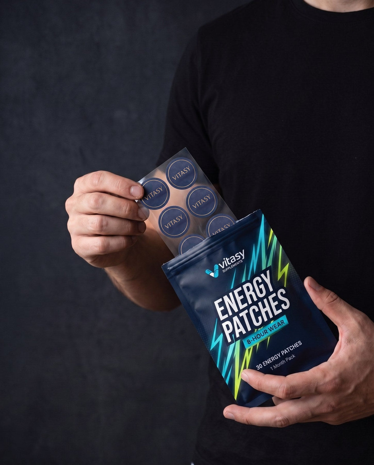 Hand taking a Vitasy Energy Patch from the pouch