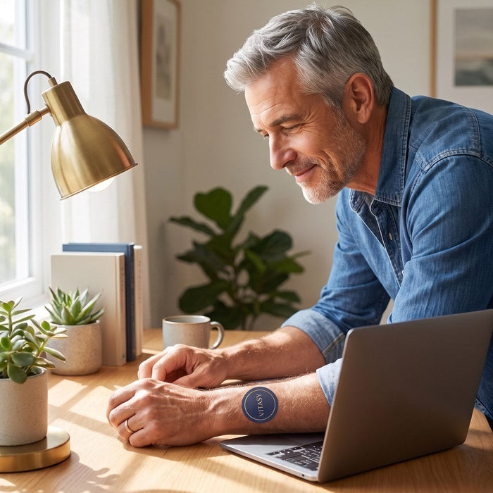 Man working at his desk wearing a Vitasy Energy Patch