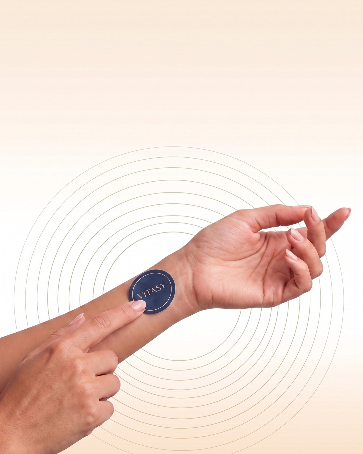 Vitasy energy patch on the wrist with its ingredients: vitamin B12, taurine, L-carnitine, magnesium, rhodiola rosea