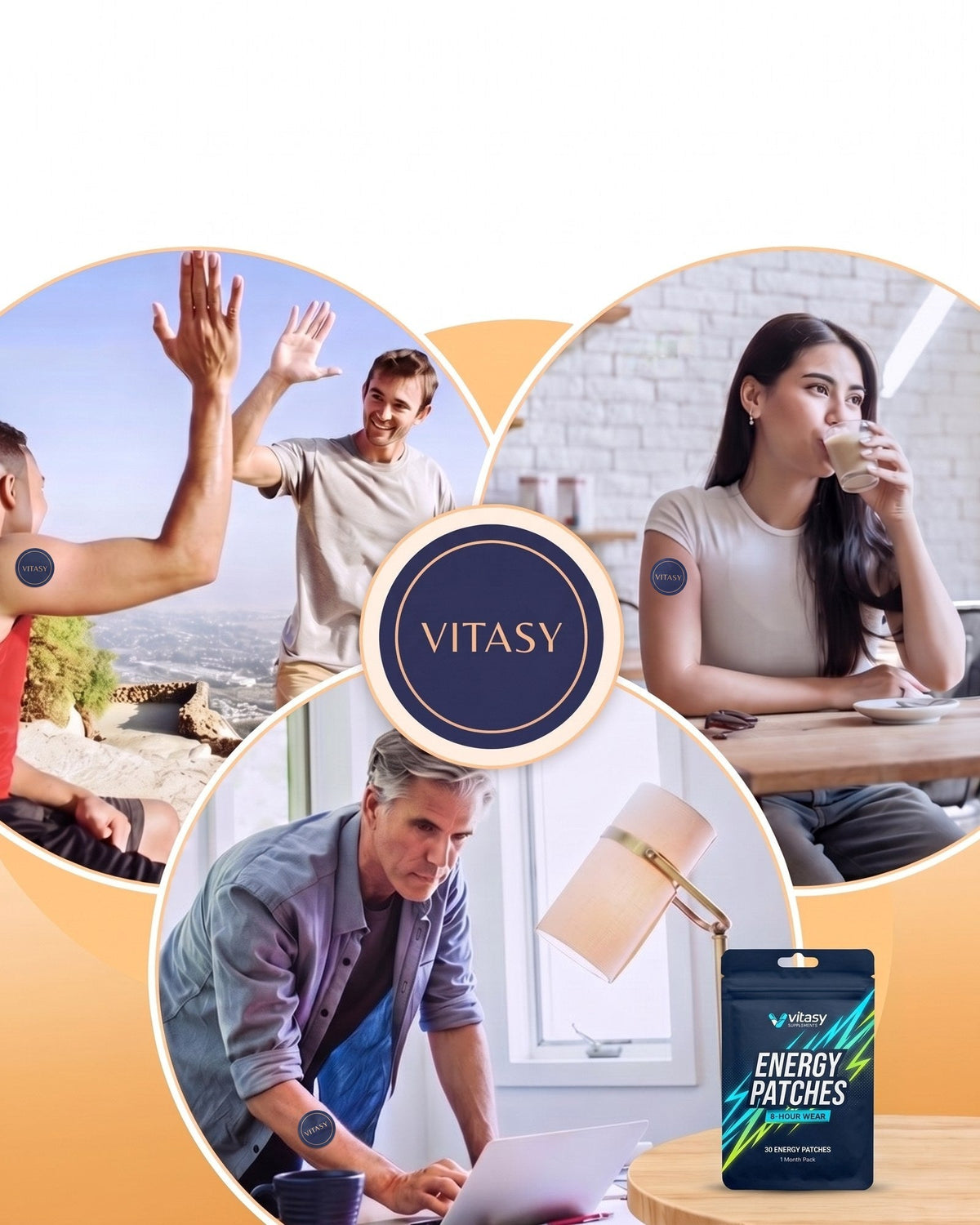 Vitasy energy patches worn at work, outdoors and at a cafe