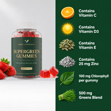 Supergreen Gummies v10 - Contains vitamin C, D3, E, 25 mg zinc, 100 mg chlorophyll and a 500 mg greens blend per gummy