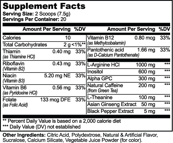 Supplement facts panel for CORTEX Focus Powder Sour Candy, showing the fourteen active ingredients in label order and the other ingredients.