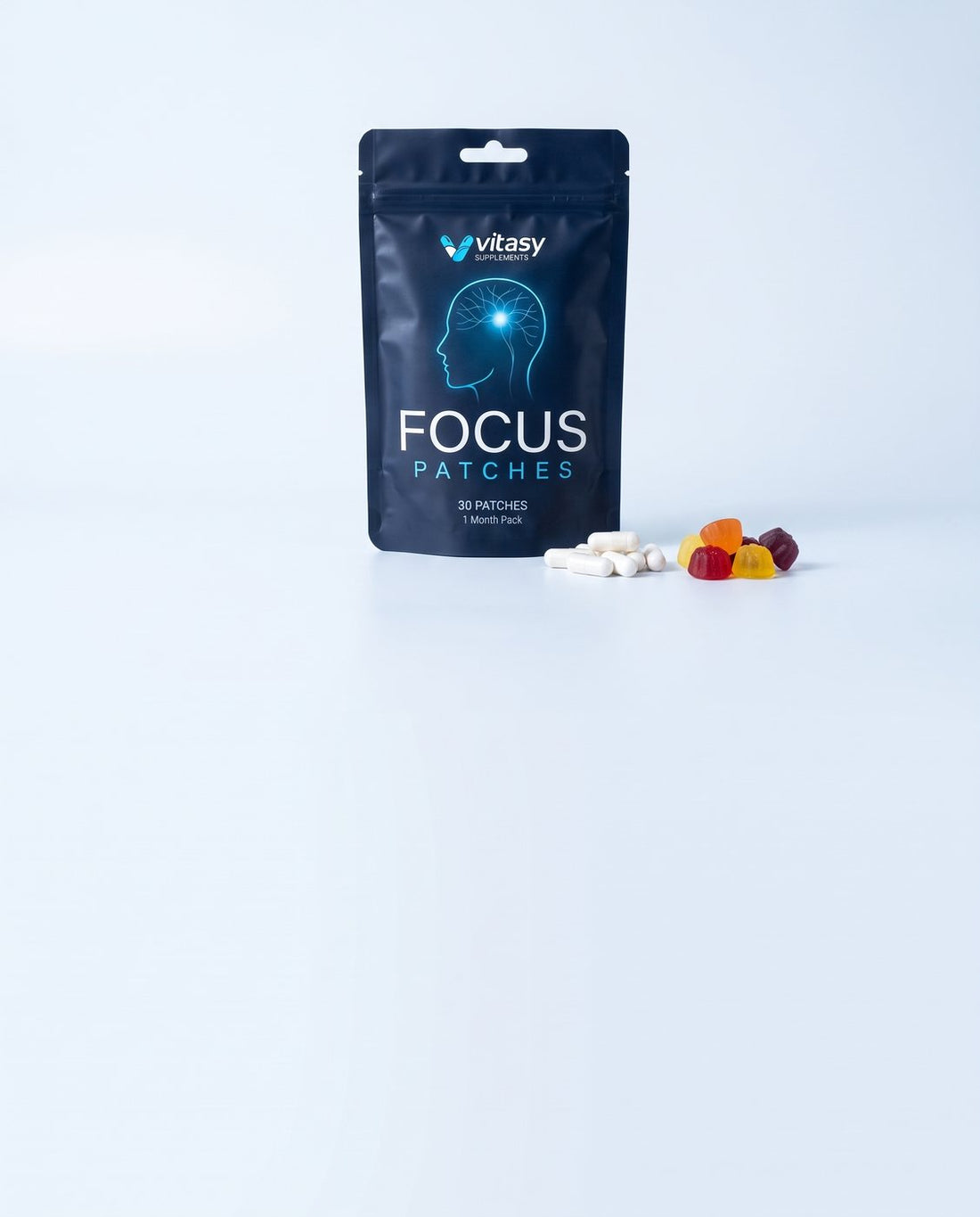 Vitasy Focus Patches pouch next to capsules and gummies