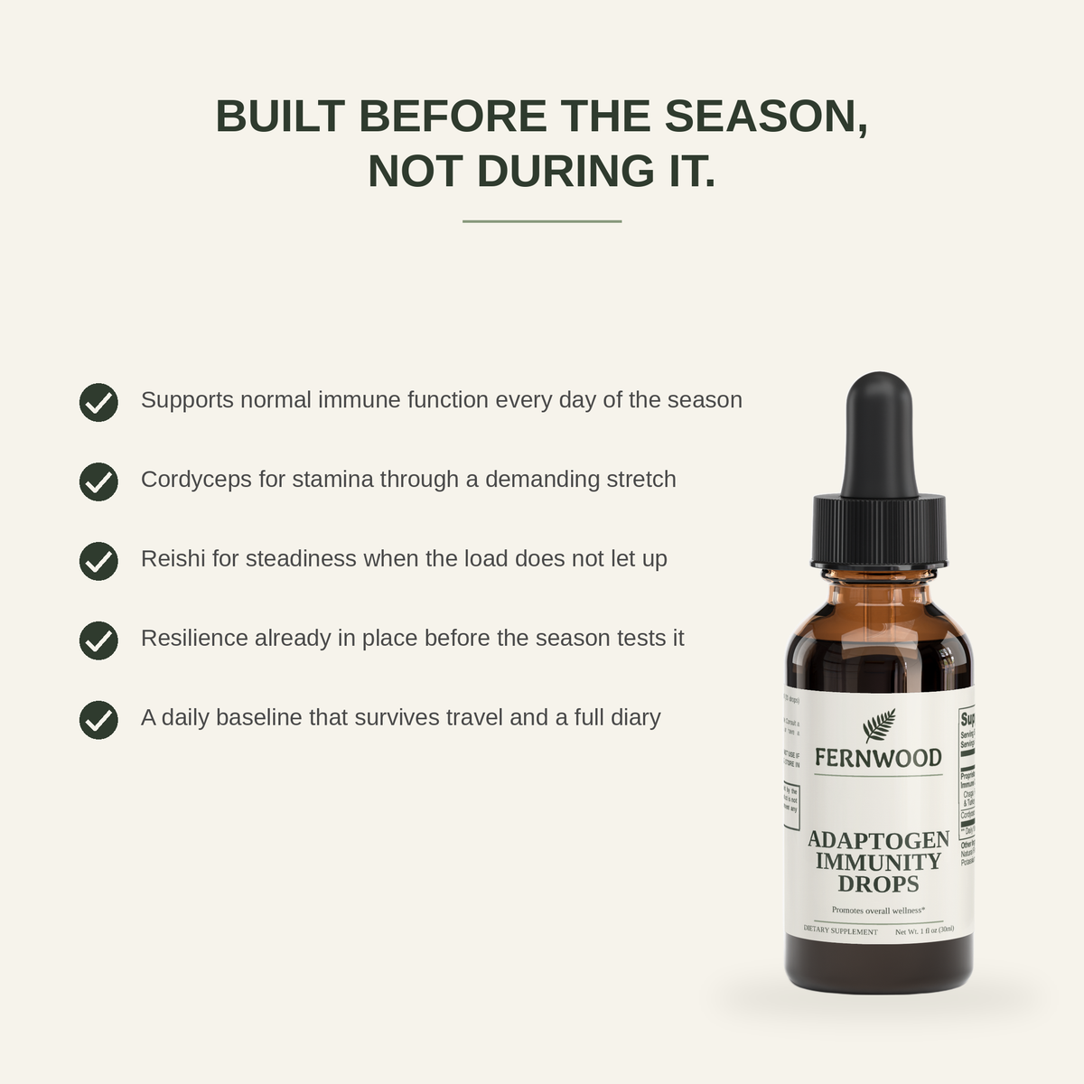 v4 - Built before the season, not during it. Six benefits panel for FERNWOOD Adaptogen Immunity Drops.