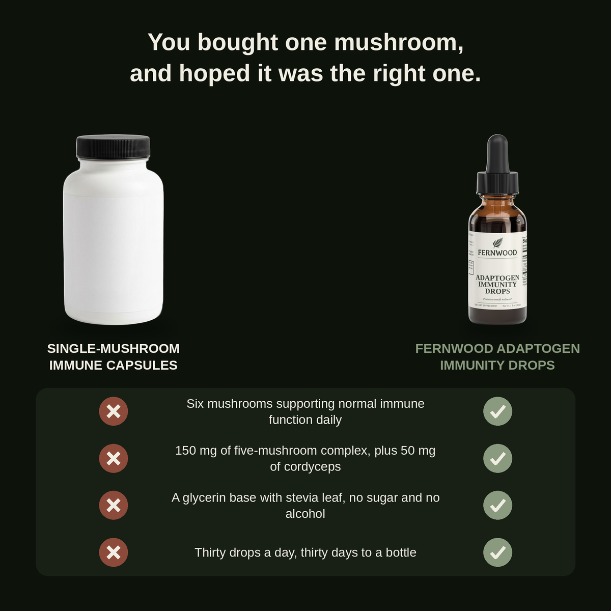 You bought one mushroom, and hoped it was the right one. FERNWOOD Adaptogen Immunity Drops compared with single-mushroom immune capsules.